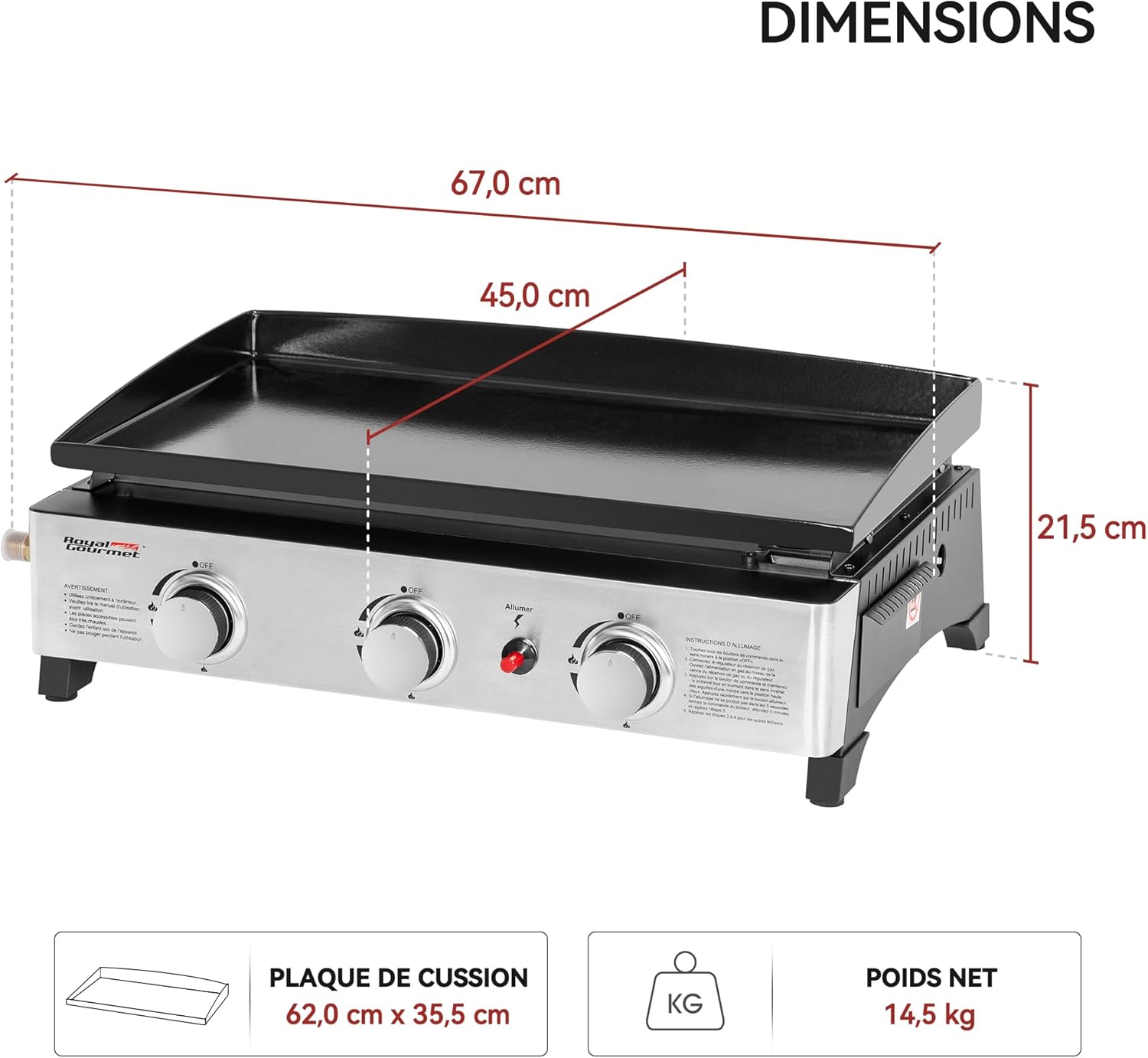 etevert - Plancha Gaz 3 brûleurs - 62x35,5 cm - acier émaillé, portable, 7.5kW