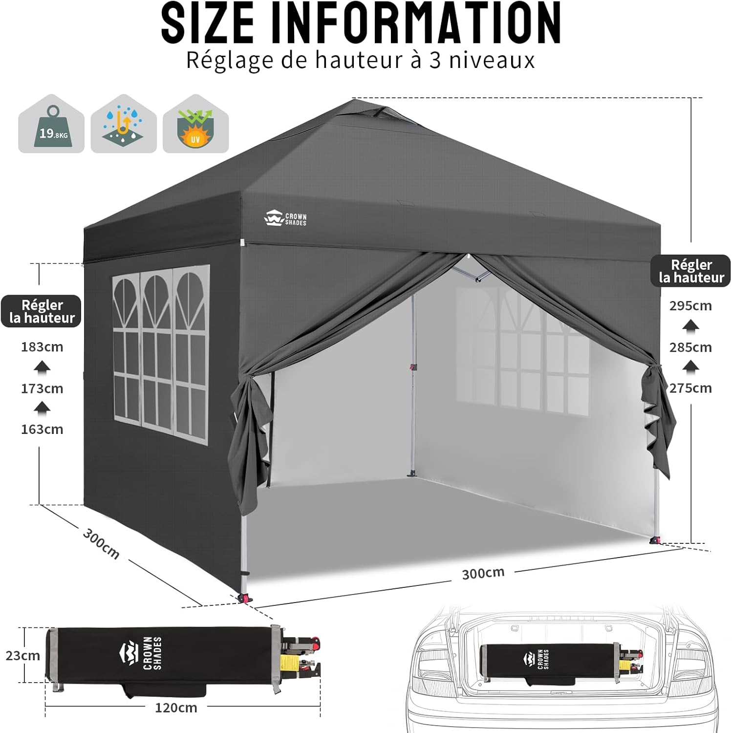 etevert Tonnelle Pliante 3x3 Imperméable, Barnum Pliant de Jardin Exterieur, Pop-Up Gazebo avec Sac de Rangement, UPF 50+, avec 4 Parois Latérales Amovible, 4 Sac de Sable, Gris