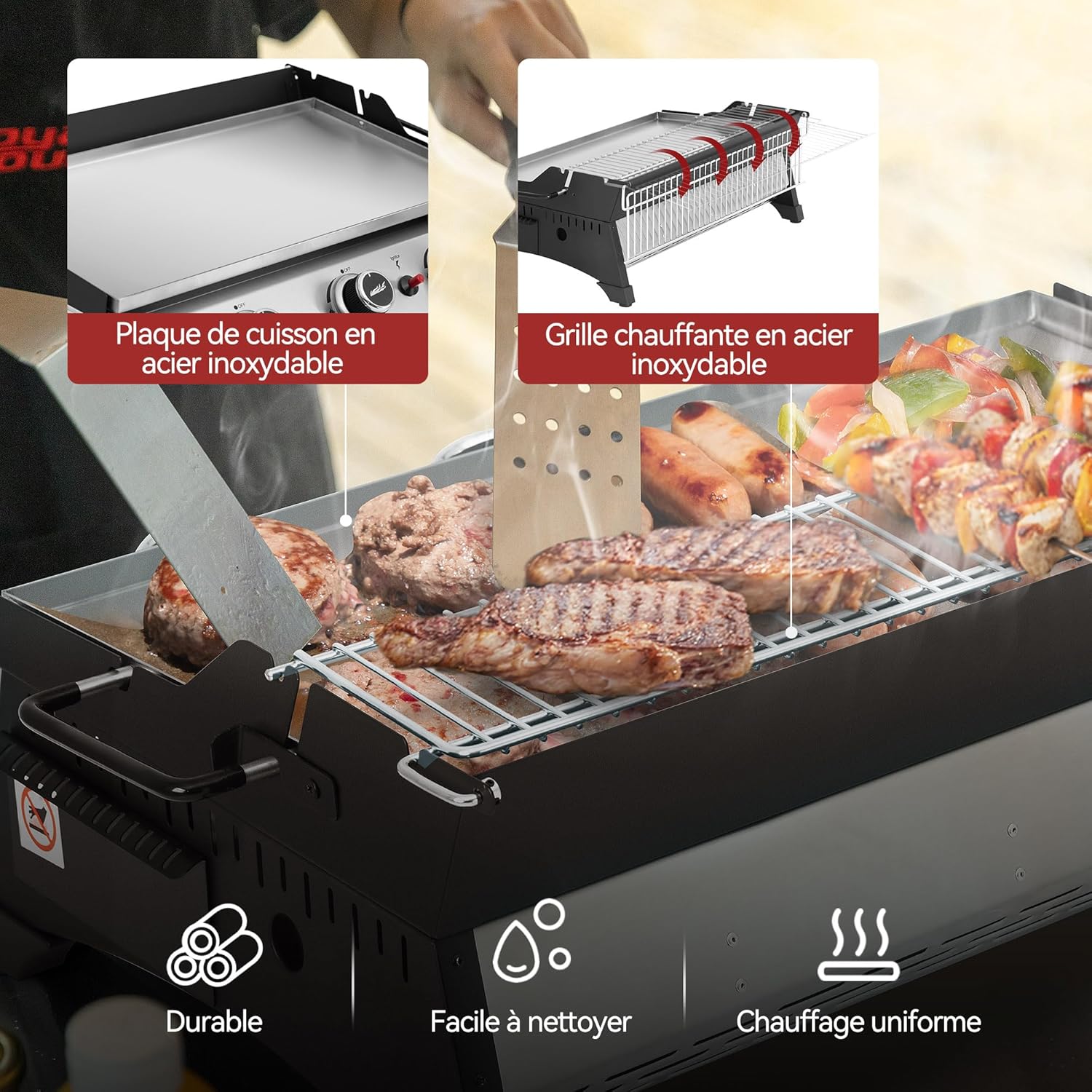etevert - Plancha gaz inox 3 brûleurs 61,5x32cm, 7,5kW, usage extérieur