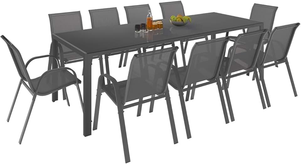 etevert - Madrid série - Table 240cm, 10 chaises empilables, gris anthracite