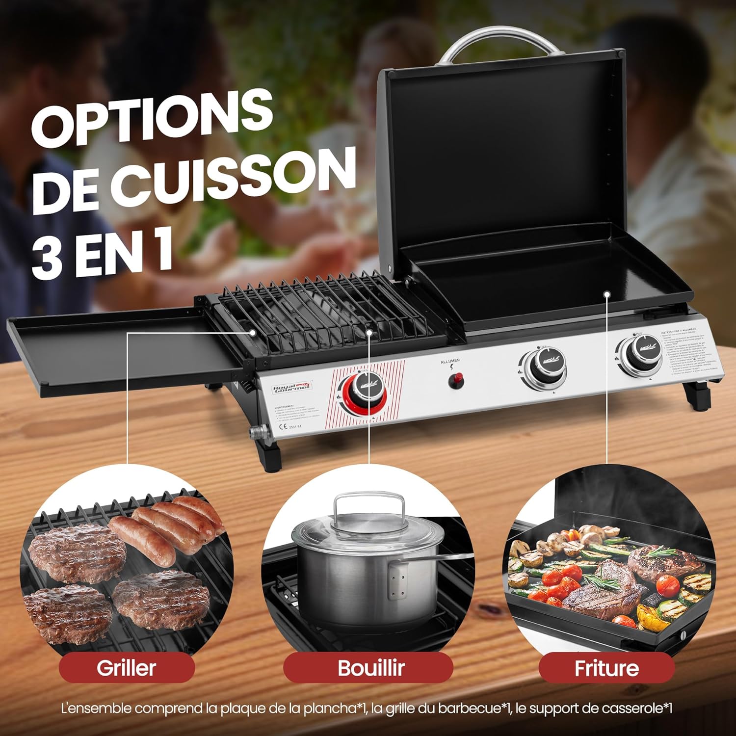 etevert - barbecue gaz 3 brûleurs - 8,5kW - plancha, grille, couvercle multifonction