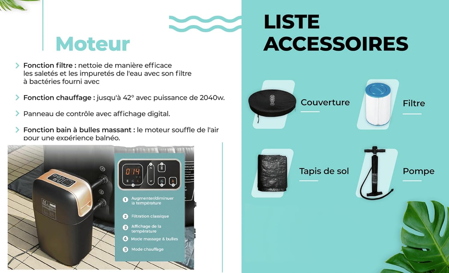 etevert Nordik Spa Gonflable - 150 cm de diamètre - 800 litres - Moteur 2240 W - 2 à 4 Personnes - Massage 140 Jets