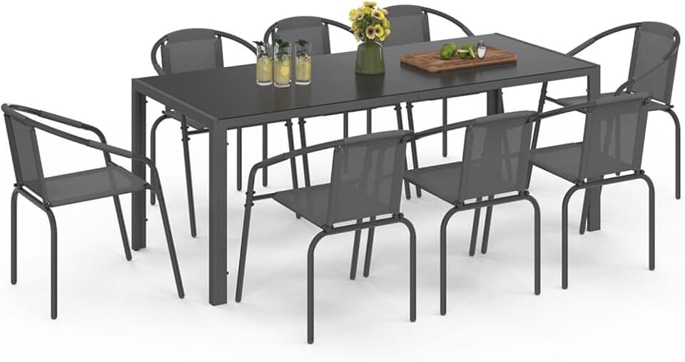 etevert - Salon Thelma - table 190 cm + 8 chaises empilables - gris anthracite
