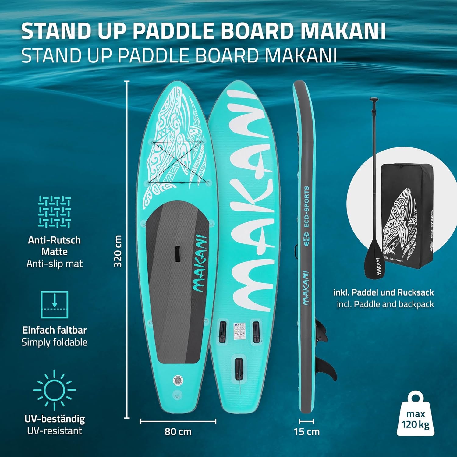 etevert - Stand Up Paddle Board - 305/308/320/380 cm - PVC, jusqu’à 150 kg, 10/15 cm, sac, pompe
