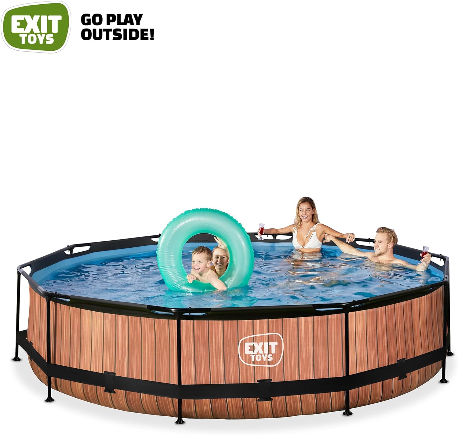 etevert Piscine Tubulaire Wood - ø360x76cm - Piscine Hors Sol Ronde Grande avec Pompe Filtrante à Cartouche - Entrée Basse - Idéal pour Les Jeunes Enfants - Cadre Stable - Design Unique - Marron