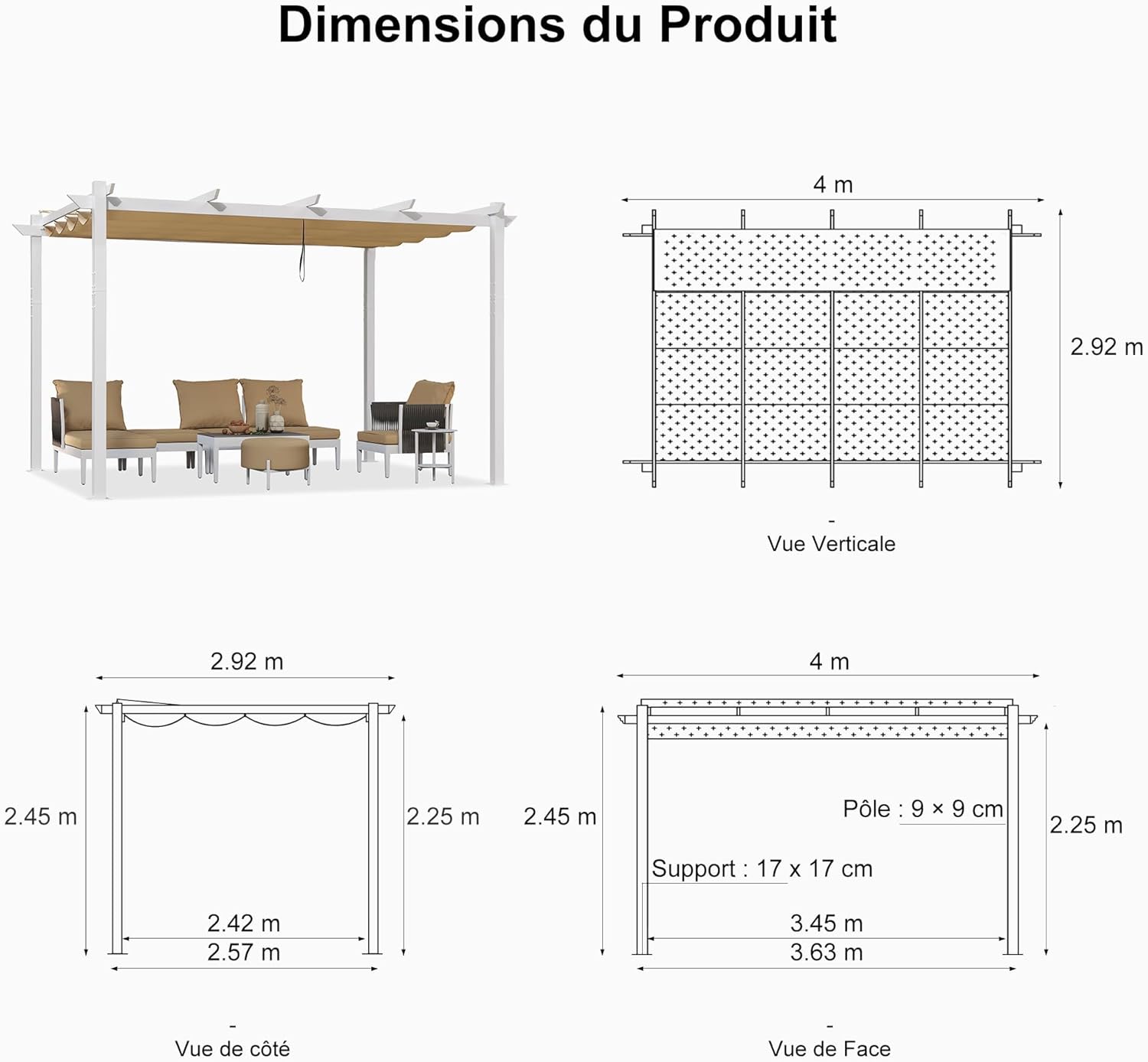 etevert - Pergola aluminium - 4x3m - éclairage intégré, toit kaki