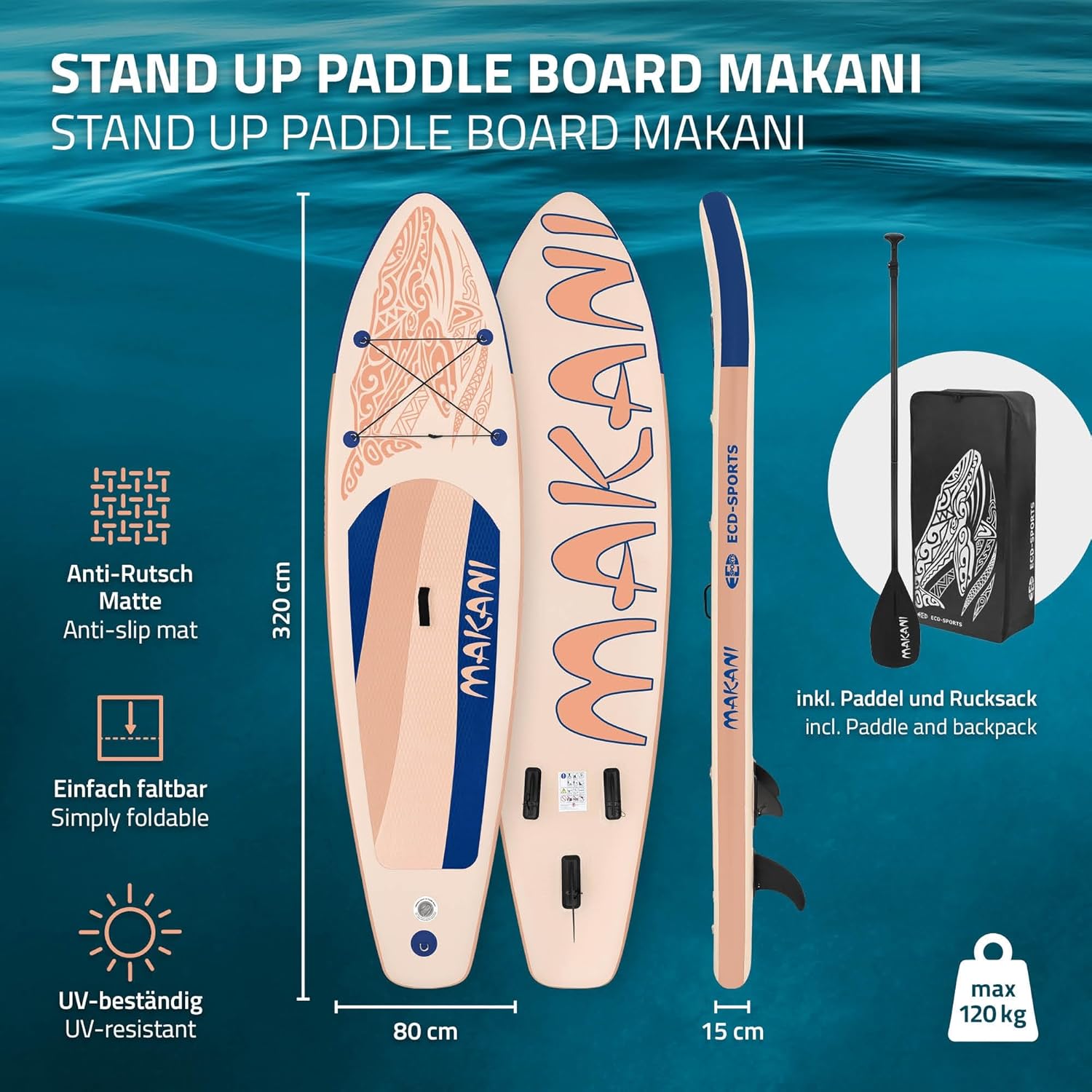 etevert Stand Up Surf Paddle Board Gonflable 305/308/320/380 cm | PVC | jusqu'à 120/150 kg | Épaisseur 10/15 cm | Planche de Surf Pagaie Sac de Transport Pompe à Air | Diverses Couleurs Modèles