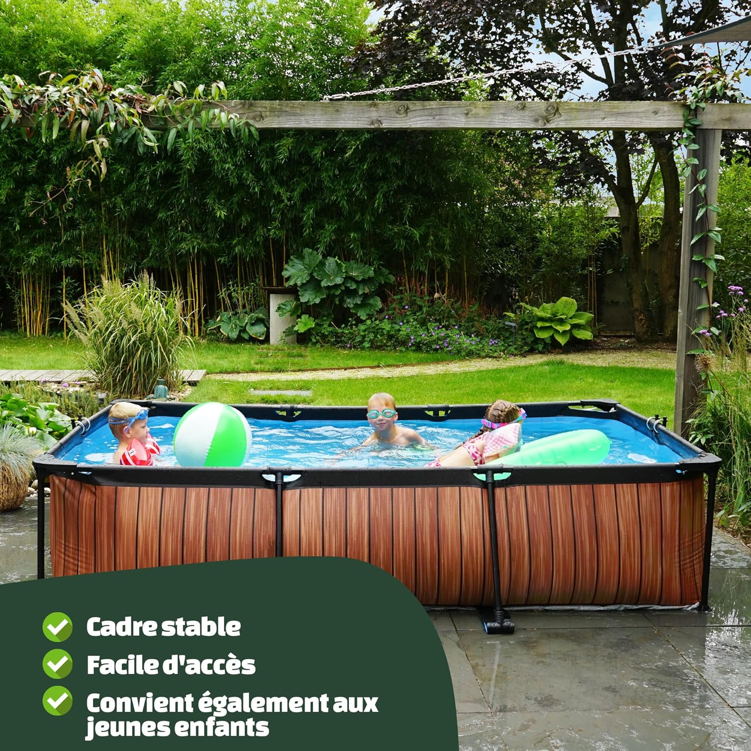 etevert Piscine Lime - 300x200x65cm - Piscine Hors Sol Rectangulaire avec Pompe Filtrante à Cartouche - Entrée Basse - Idéal pour Les Jeunes Enfants - Cadre Stable - Design Unique - Vert