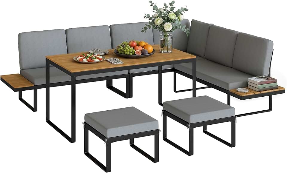 Salon de Jardin etevert - 6-8 pers - Ensemble aluminium, table haute, canapé d'angle, table bois composite, gris - OJ-6