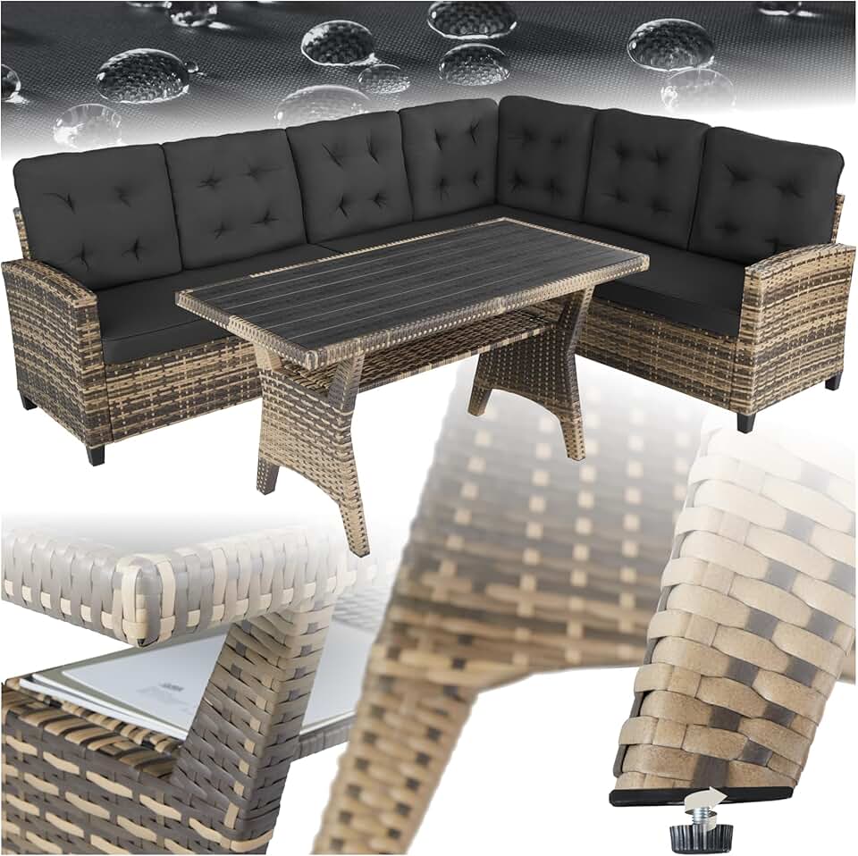 etevert - salon de jardin XXL 6 places, rotin, coussins moelleux, table