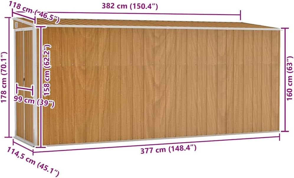 etevert Abri de Jardin Mural Marron 118 x 382 x 178 cm Acier galvanisé,Structures extérieures, Cabanes & abris de Jardin,316232