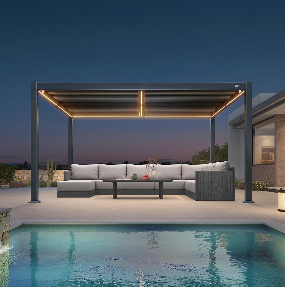 etevert - Pergola aluminium bioclimatique - 3 x 4,25 m - Lames orientables, LED, étanche