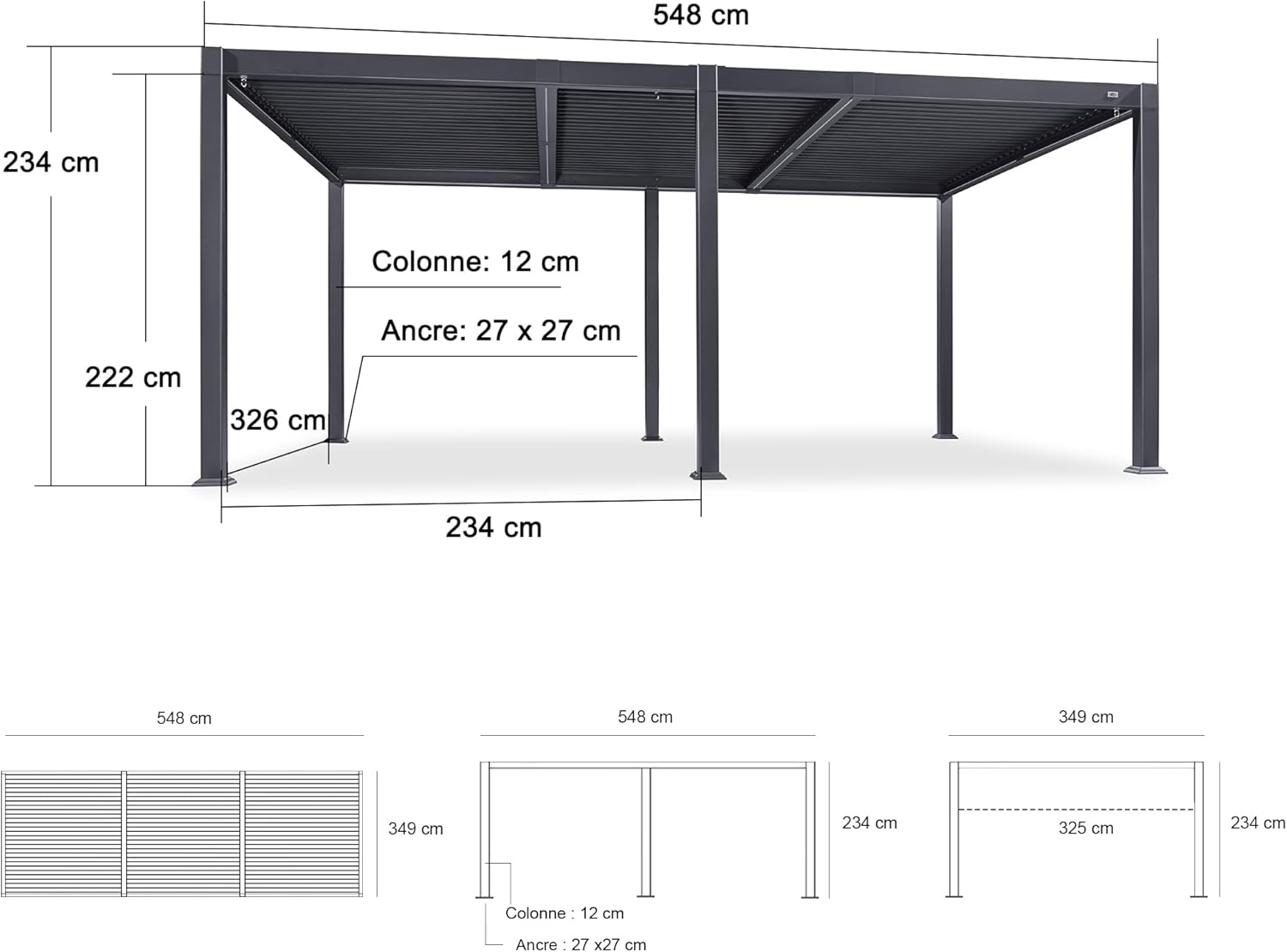 etevert - Pergola bioclimatique - 3,5x5,5m - alu, lames LED, étanche