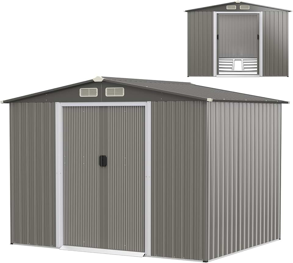 etevert Abri de Jardin 4.7㎡en Acier Galvanisé Anti-UV, 260 x 207 x 181 CM, Cabane de Jardin Exterieur 9.7 m³ avec Fondation et Porte Coulissante, Rampe, 4 Trous d’Aération, 4 Gants Inclus, Gris Foncé