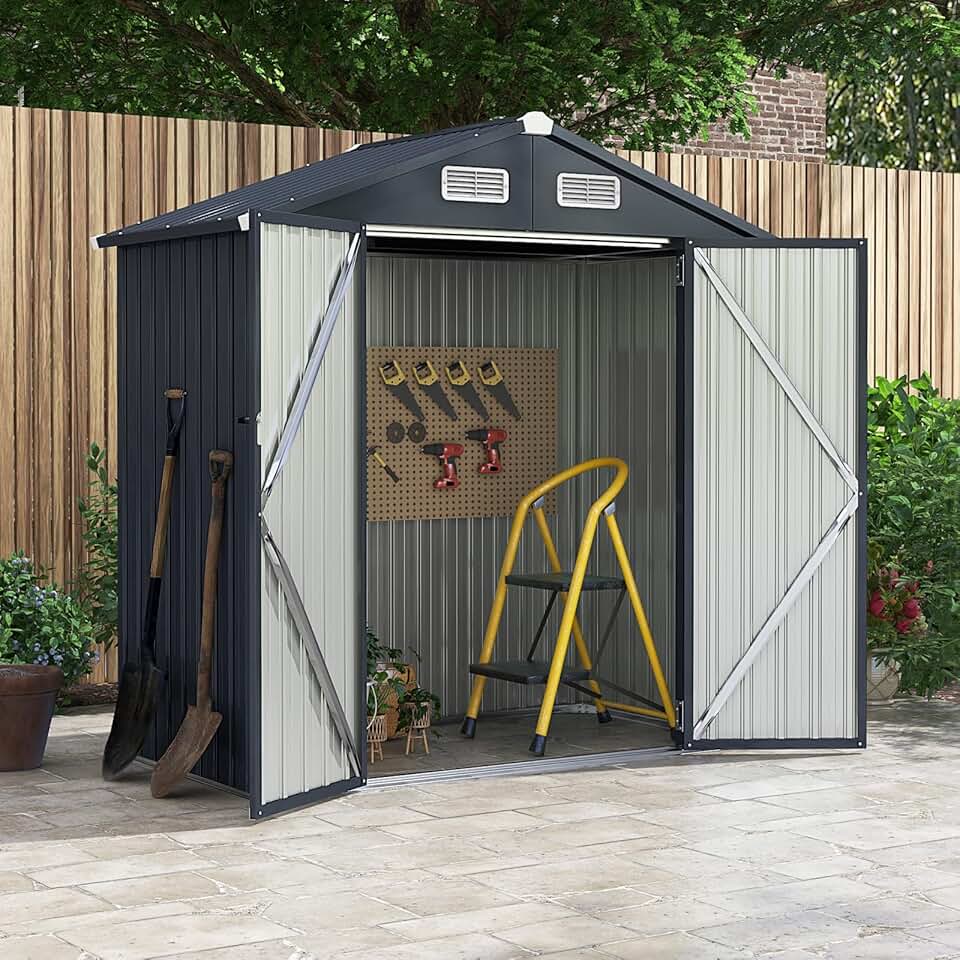 etevert Abri de Jardin Métal Galvanisé 3,4 m³,Double Porte Verrouillable avec Clé, Cabane de Jardin Exterieur, Abri Rangement Exterieur pour Vélo, Poubelle, Outil