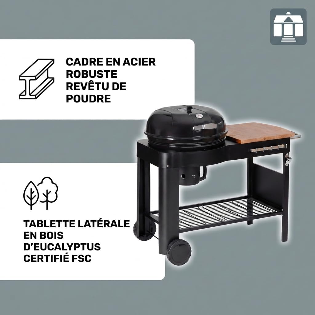 etevert - Barbecue Calgary - acier/bois - couvercle thermomètre, tablettes, 2 roues, noir