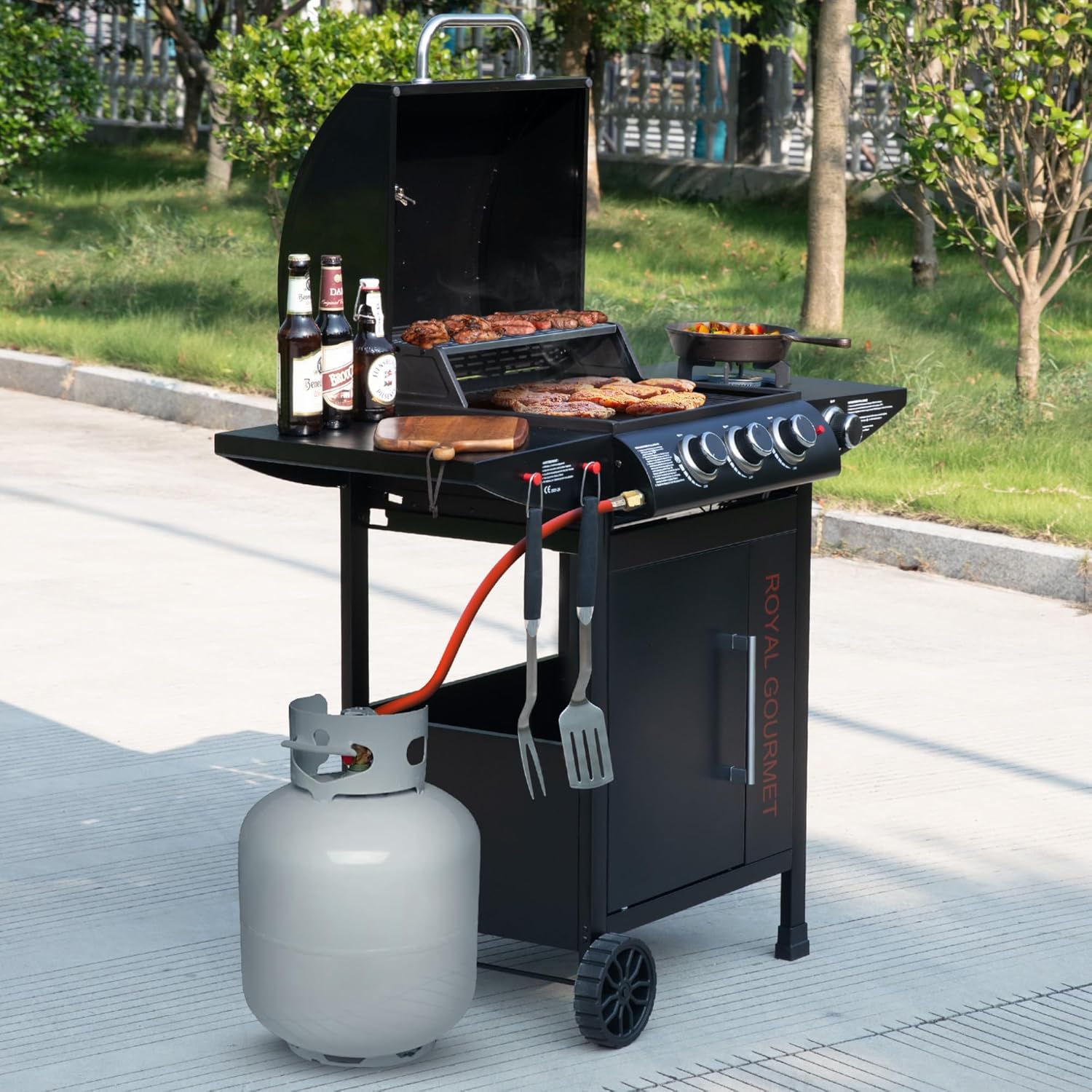 etevert - barbecue gaz 3+1 brûleurs inox - 11,5 kW - chariot, 2 roues, thermomètre