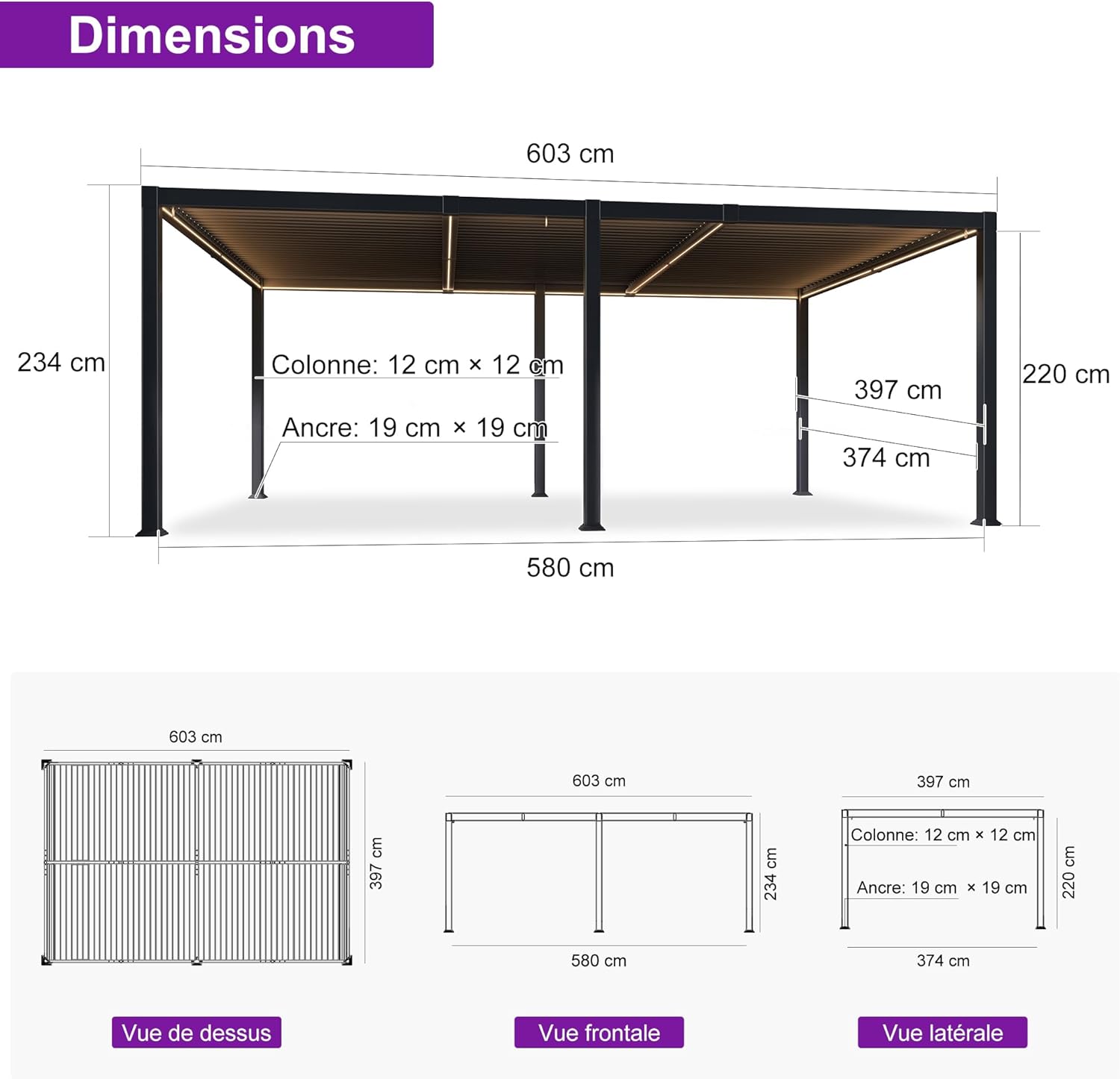 etevert - Pergola bioclimatique - 4x6m - alu lames LED gris