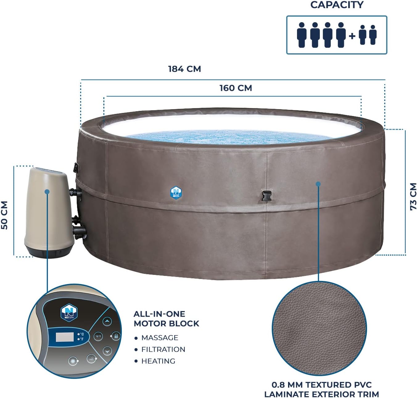 etevert - Spa - Vita Premium - SP-VIP160C - Gonflable - 6 Places (4 Adultes + 2 Enfants) - Bache De Protection - Réchauffeur - 1100 L - Couverture Simili-Cuir Premium