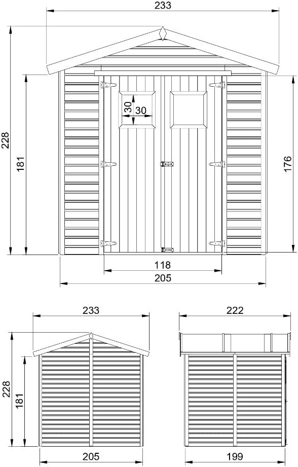 Abri de Jardin en Bois Naturel - Stockage extérieur avec fenêtres H228x222x233 cm/4,2 m² Hangar en Bois Naturel - Atelier Rangement Outils et vélos- etevert M351