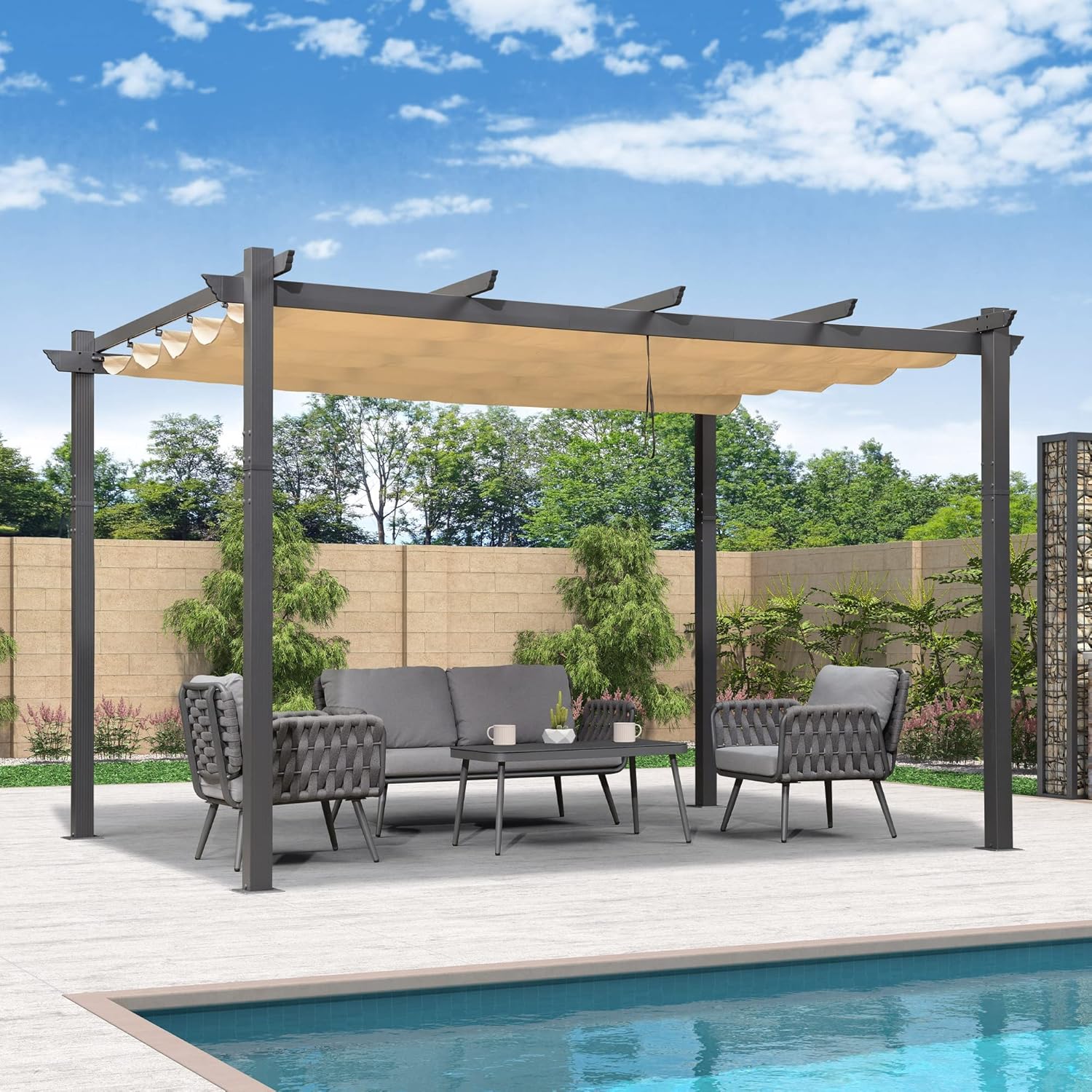 etevert - pergola aluminium série - 4x3,2m - toile teintée, toit coulissant, kaki