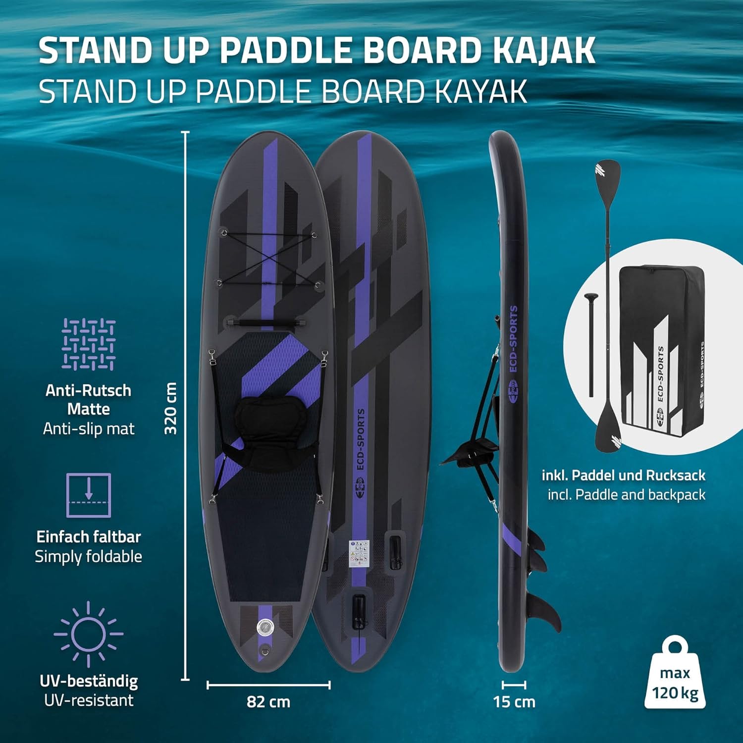 etevert - Stand Up Paddle Gonflable - 305/308/320/380 cm - PVC, 120/150 kg, 10/15 cm