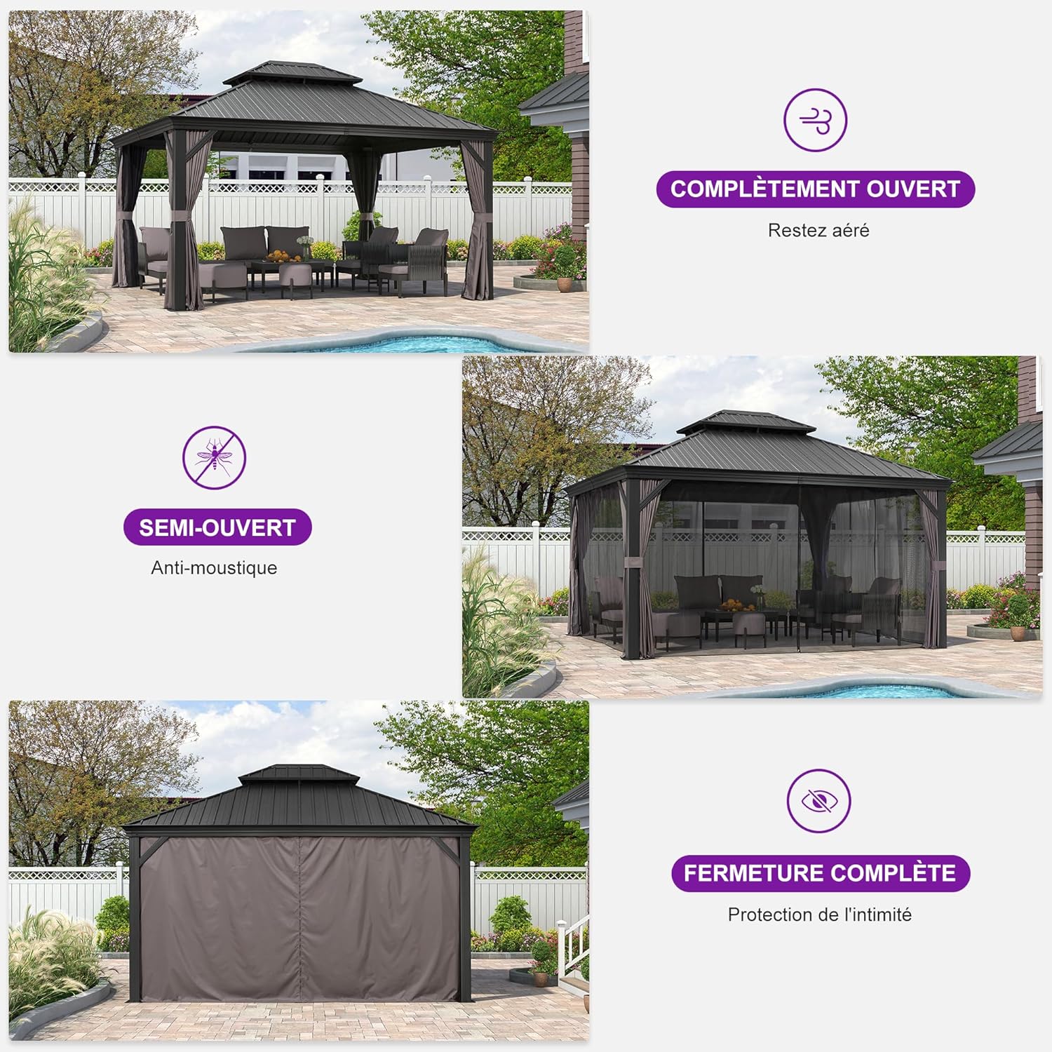etevert - tonnelle jardin - 4,25x3,65m - toit acier, moustiquaire, rideaux, poteaux renforcés