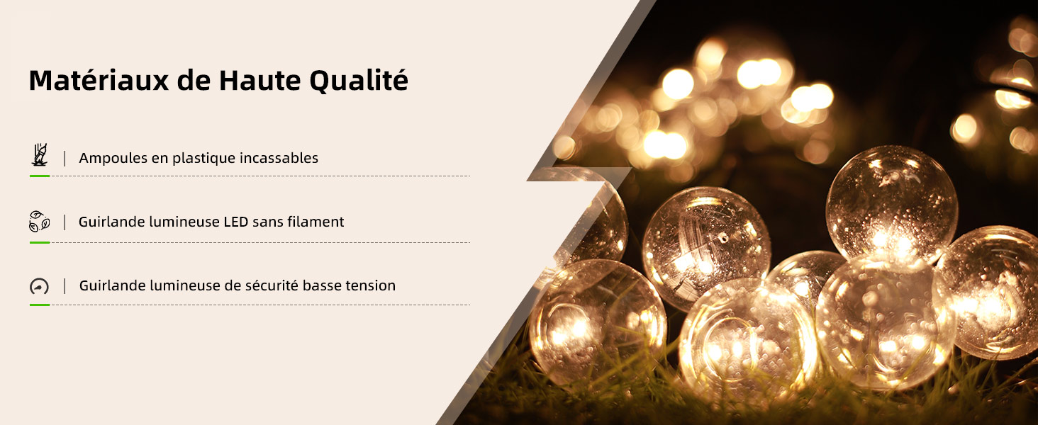 Chaîne d'ampoules rondes en verre qui brillent chaleureusement sur un fond sombre, avec un texte en français décrivant des matériaux de haute qualité