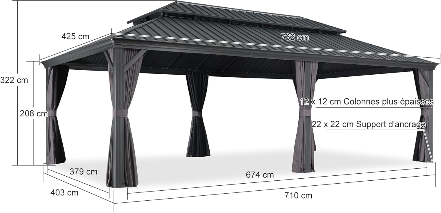 etevert - Pergola série extérieure - 7.32x4.25m - alu, éclairage, moustiquaire, rideaux, gouttière, poteaux renforcé