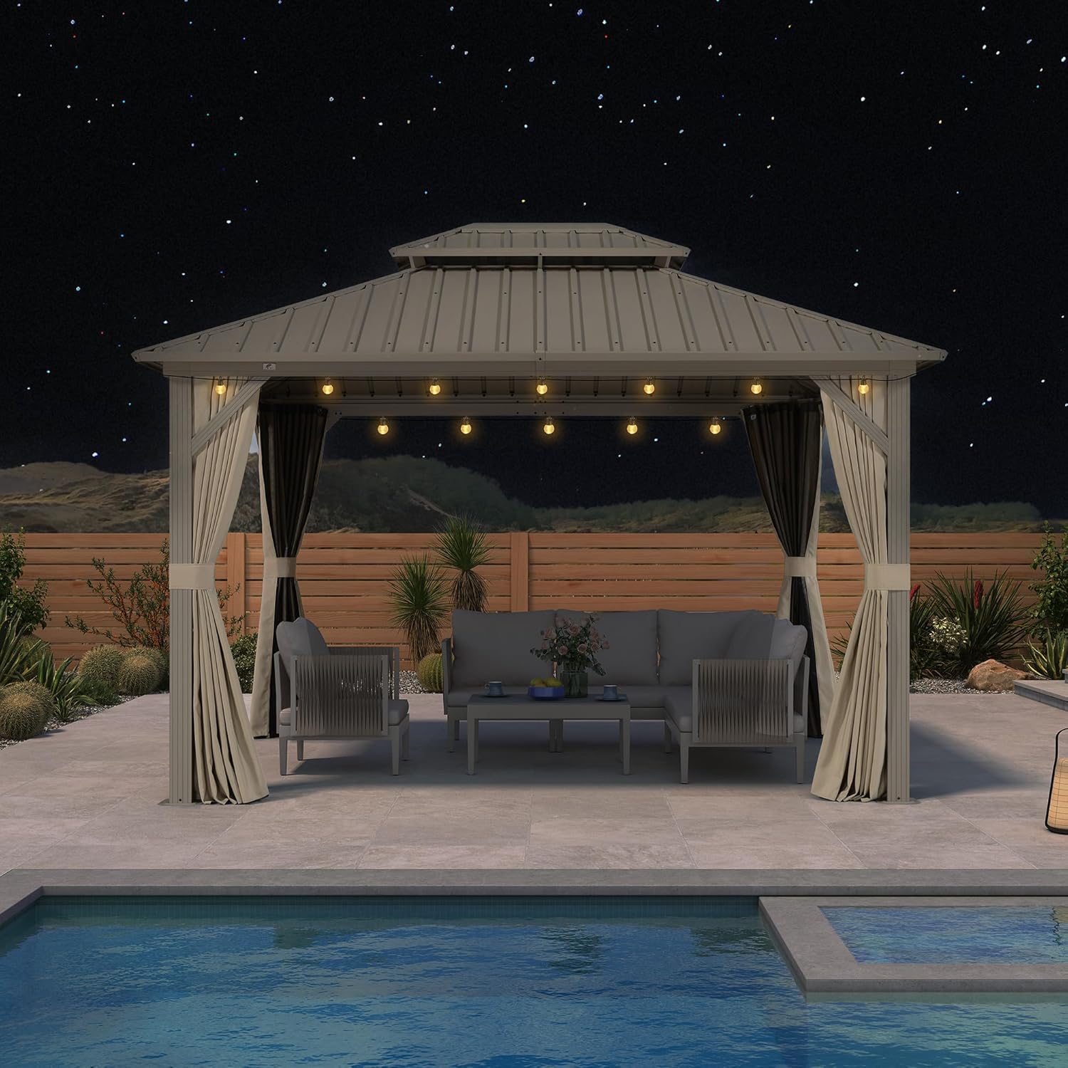 etevert Tonnelle de Jardin Extérieur 3,65 x 3 m avec Éclairage Extérieur, Pergola Aluminium à Toit Rigide en Acier Galvanisé, Pavillon Imperméable pour Camping, Fête, Barbecue, Champagne