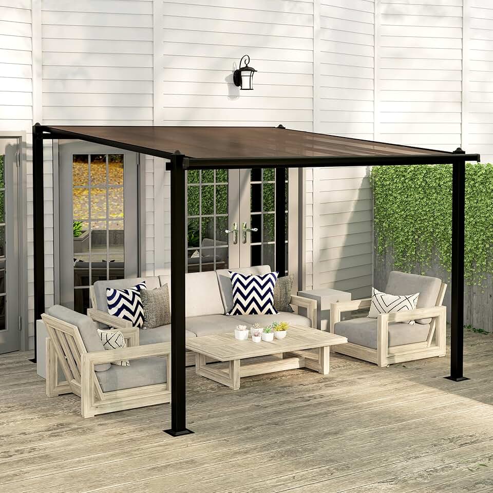 etevert - Pergola adossée aluminium - 3x3m - toit polycarbonate, drainage, UPF30+, gris