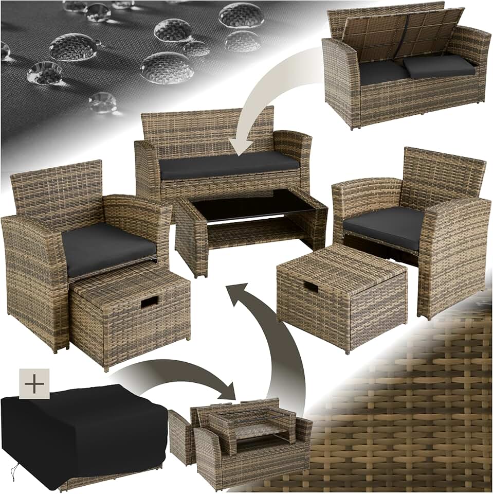 etevert - Ensemble salon de jardin 6 places - poly rotin, coussins épais, table basse, marron naturel