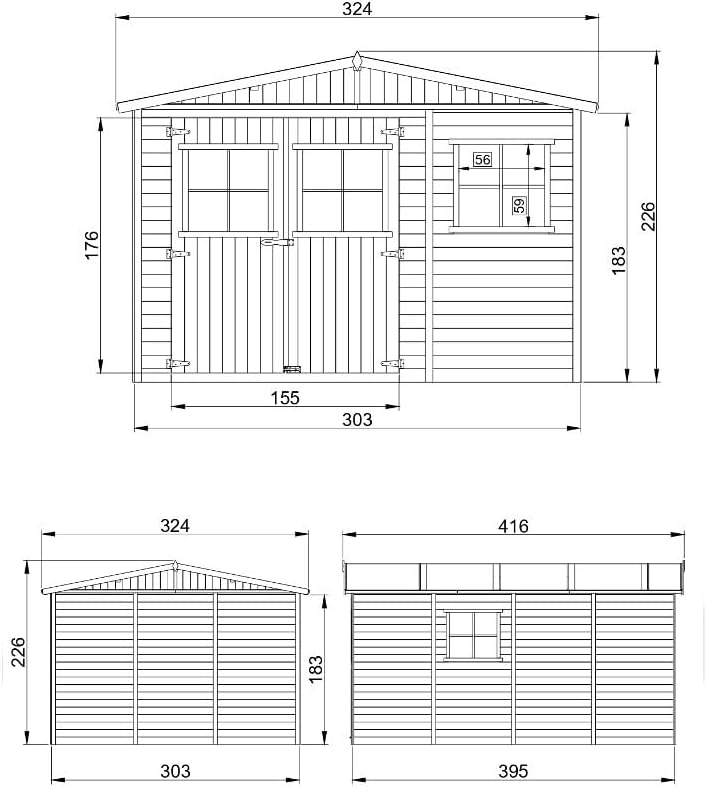 ABRI de Jardin en Bois Exterieur avec Les PLANCHERS IMPRÉGNÉ - en Pin/épicéa- H226x324x416 cm/12 m²- Construction de Panneaux- Rangement pour vélos, Remise à Outils- etevert M336+M336G