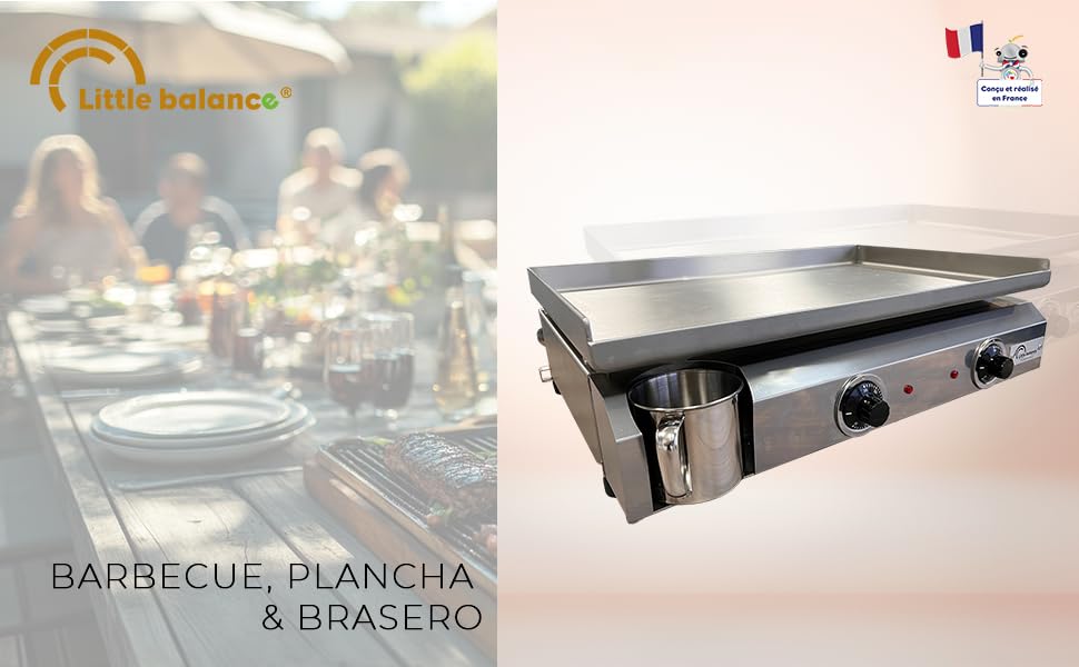 Le texte indique « my balance » et « BARBECUE, PLANCHA & etevert ». Image divisée montrant une scène de repas et une plaque de cuisson à plaque chauffante/plancha en acier inoxydable avec poignées.