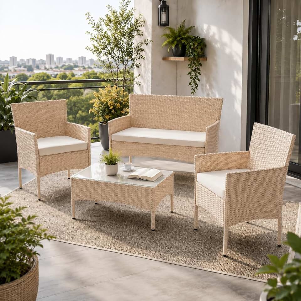 etevert - Fort Myers - ensemble 4 places en résine tressée, canapé 2 places, fauteuils, table, coussins, mobilier extérie