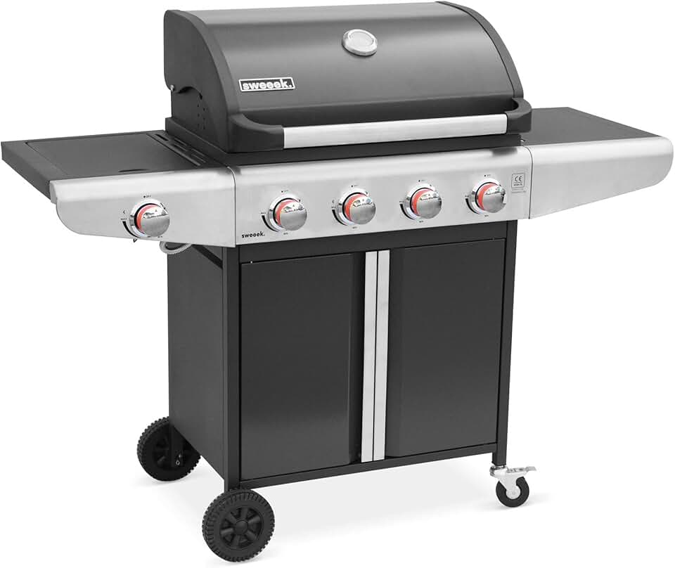 etevert - Bazin Gris anthracite - cuisine 5 brûleurs, rangement, roues, thermomètre