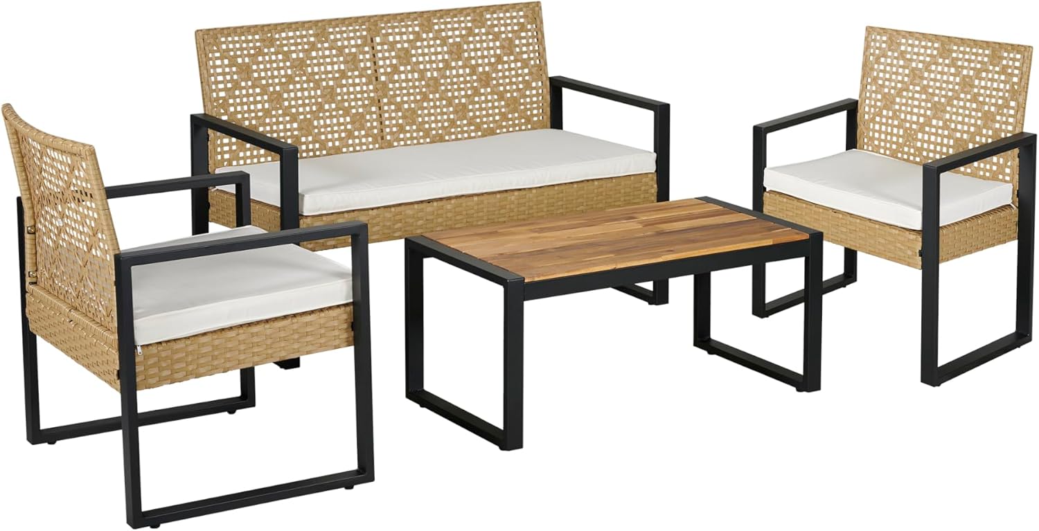 etevert - Salon de jardin 4 pièces, acier/acacia, 2 chaises + banc, beige/naturel