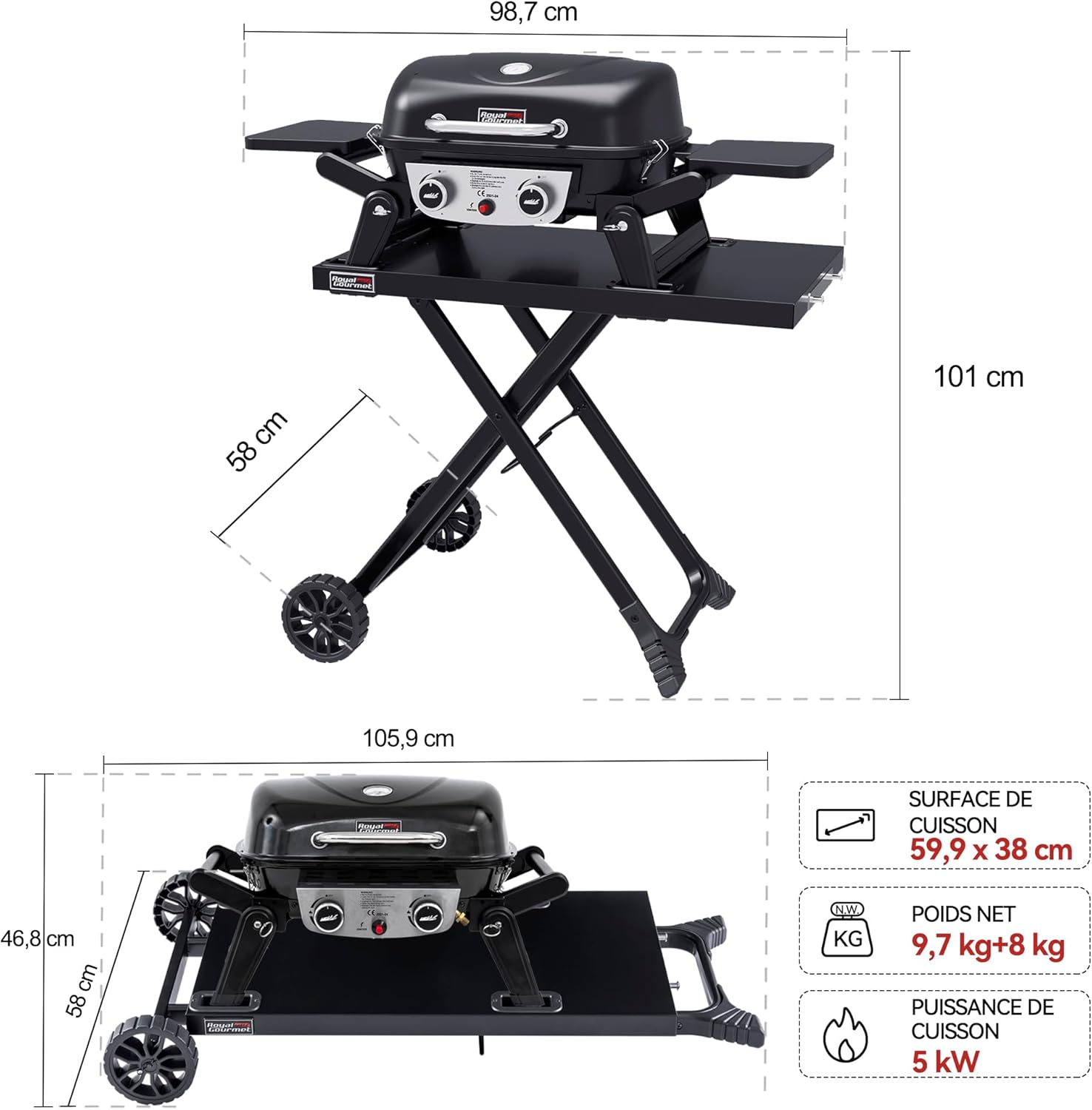 etevert - barbecue gaz portable - 48x37 cm - 2 brûleurs, tables pliantes, chariot détachable, 5kW