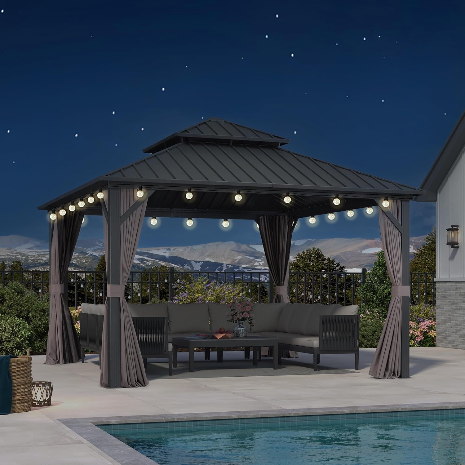 etevert Tonnelle de Jardin Extérieur 3,65 x 3,65 m avec Guirlande Lumineuse, Pavillon Aluminium à Double Toit en Acier Galvanisé, Pergola Jardin Extérieur avec Rideaux pour Fête, Barbecue, Gris