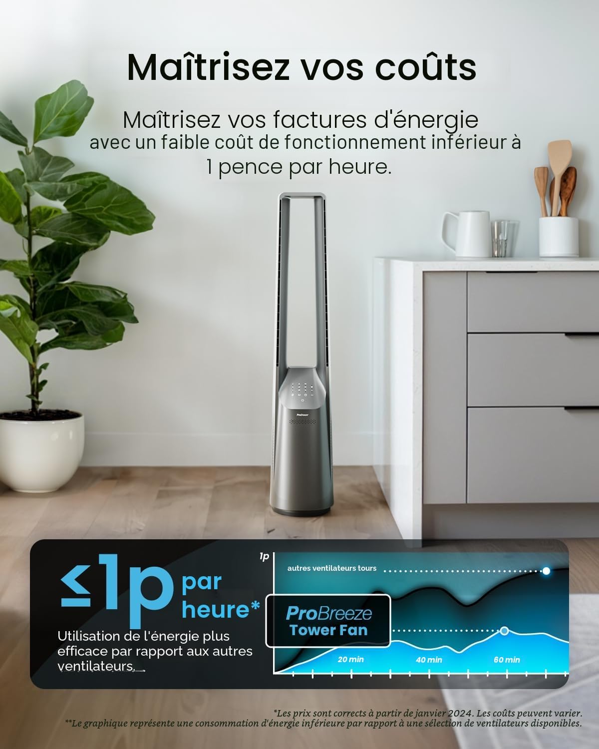 etevert - Ventilateur tour 101 cm, 6 vitesses, oscillant, silencieux