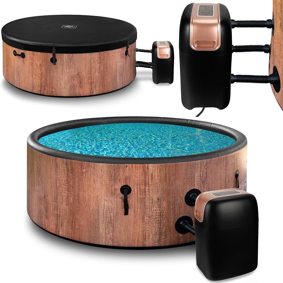 etevert Spa de jardin SPA de plein air Résistant à l'hiver SPA de plein air Gonflable - 6 personnes, aspect bois, matériau DWF robuste, gonflage rapide, hydromassage bien-être (Chêne)