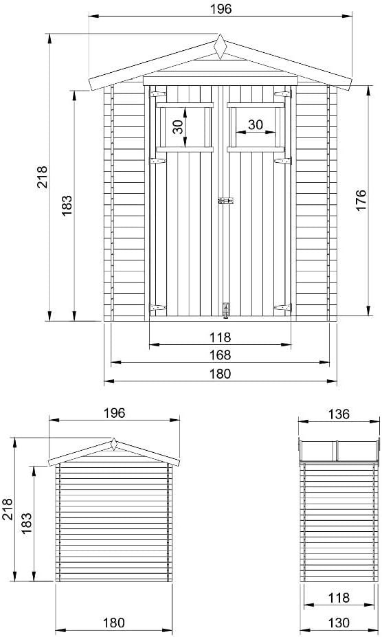 Abri de Jardin en Bois avec Sol TRAITÉ - Stockage extérieur I196xL136xH218 cm/ 1.98 m2 Petit abri à Outils, Local à vélos - Toit imperméable, fenêtres - etevert M367