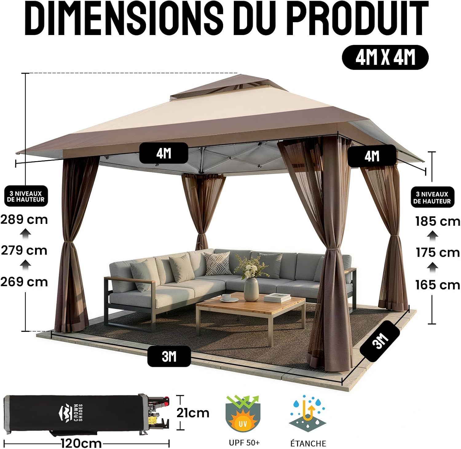 etevert Tonnelle de Jardin 4 x 4 m, Pop Up Gezebo Exterieur Imperméable, Abri de Jardin Réglable en Hauteur, Double Toit avec Côtés en Maille Zippée, Sac de Transport, Beige