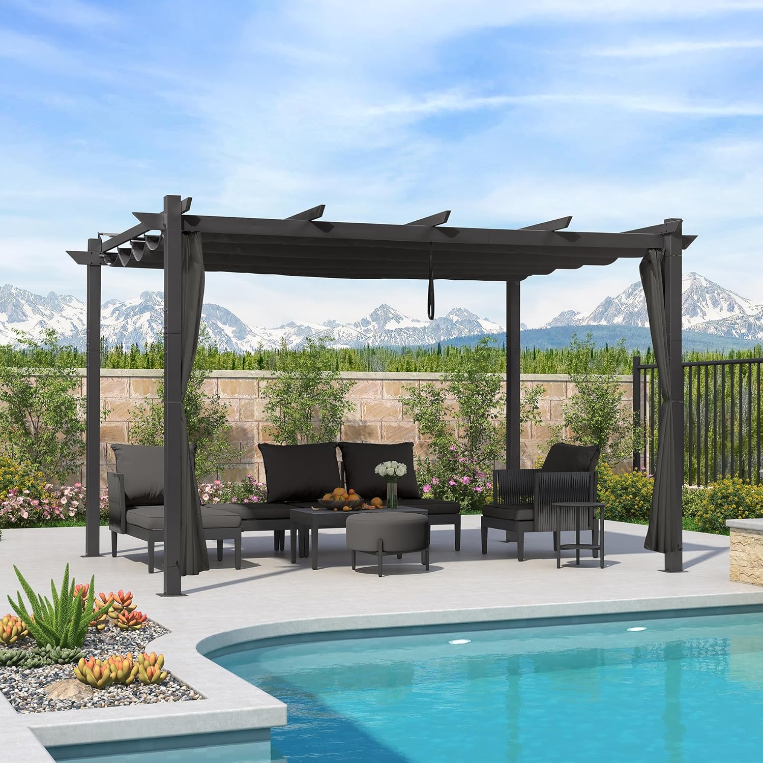 etevert - Pergola Aluminium - 4x3m - Rideau, toit rétractable, imperméable