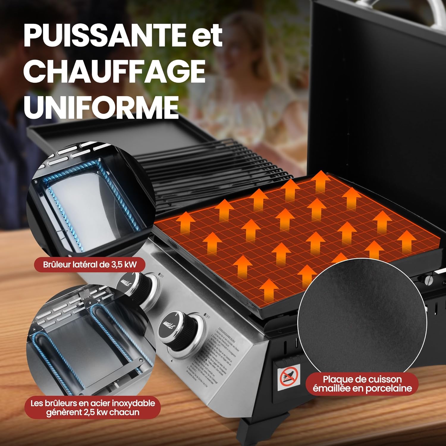 etevert - barbecue gaz 3 brûleurs - 8,5kW - plancha, grille, couvercle multifonction