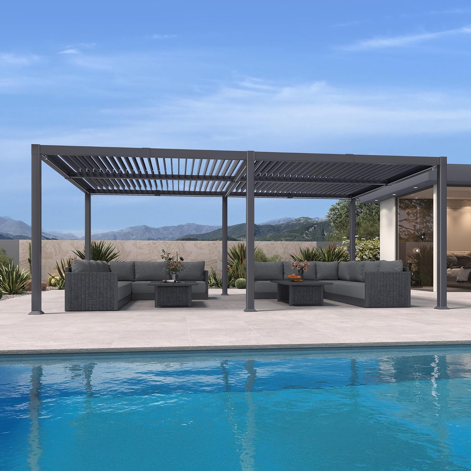 etevert - Pergola bioclimatique - 4x6m - alu lames LED gris