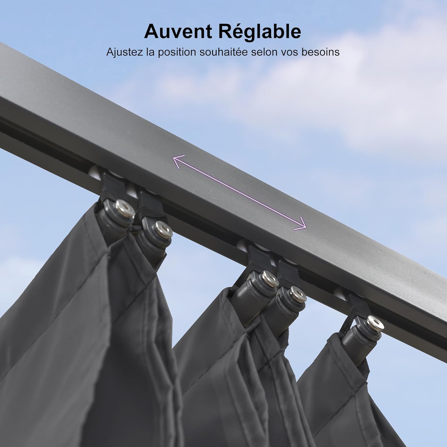 etevert - pergola aluminium - 4 x 3,2 m - toit coulissant, tissu teint, gris