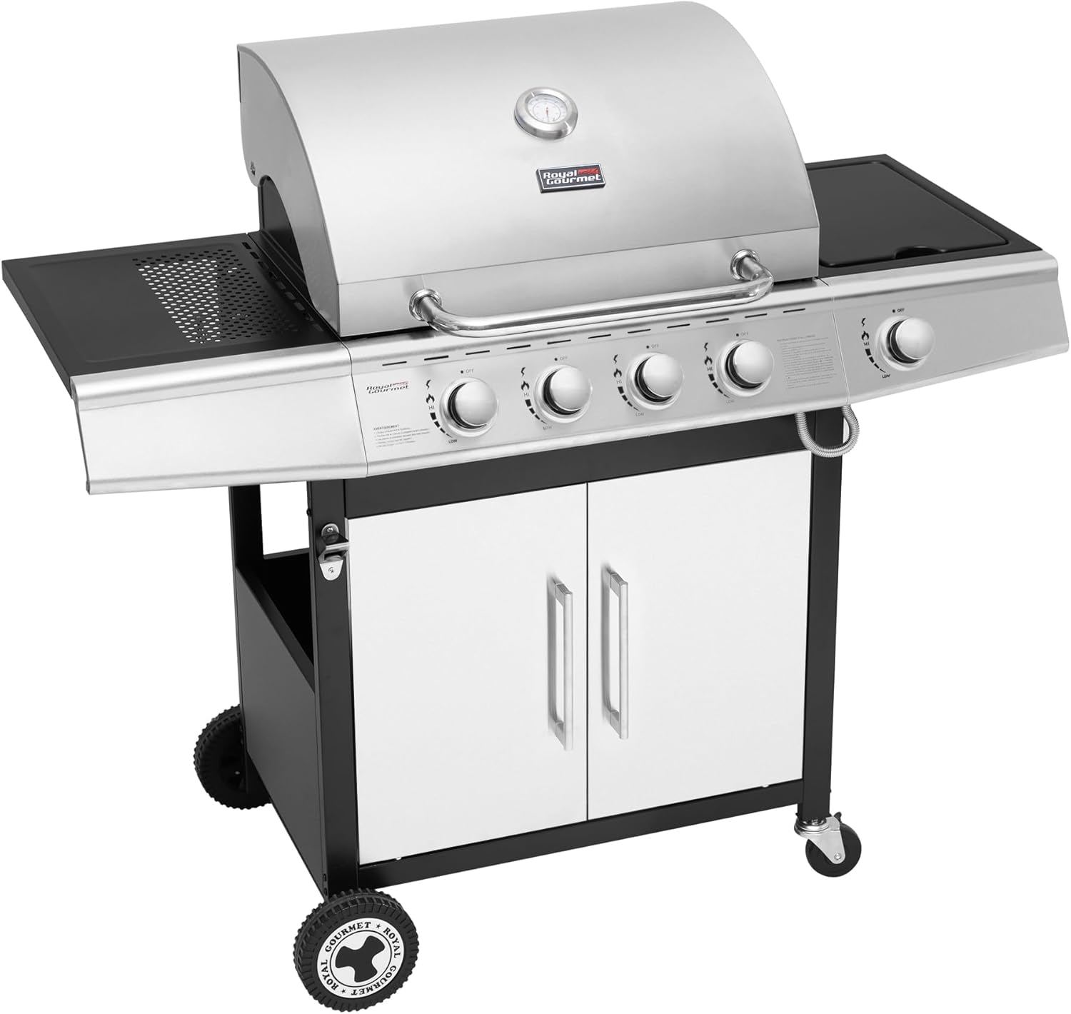 etevert - Barbecue Gaz 4+1 brûleurs inox - 14,5kW - 2 portes, thermomètre, roues directionnelles