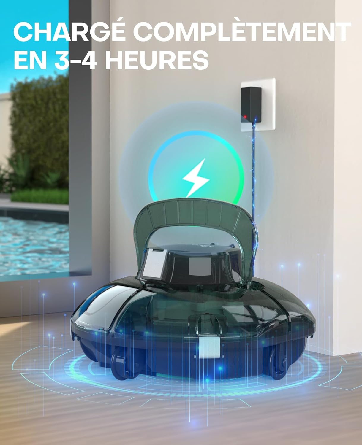 etevert Winny 200 Robot Piscine, Aspirateur Piscine Sans Fil Avec Batterie, Autonomie 75 Min pour Piscines Hors-Sol 60m², Double Filtration,Stationnement Automatique(Transparent Vert Blanc)
