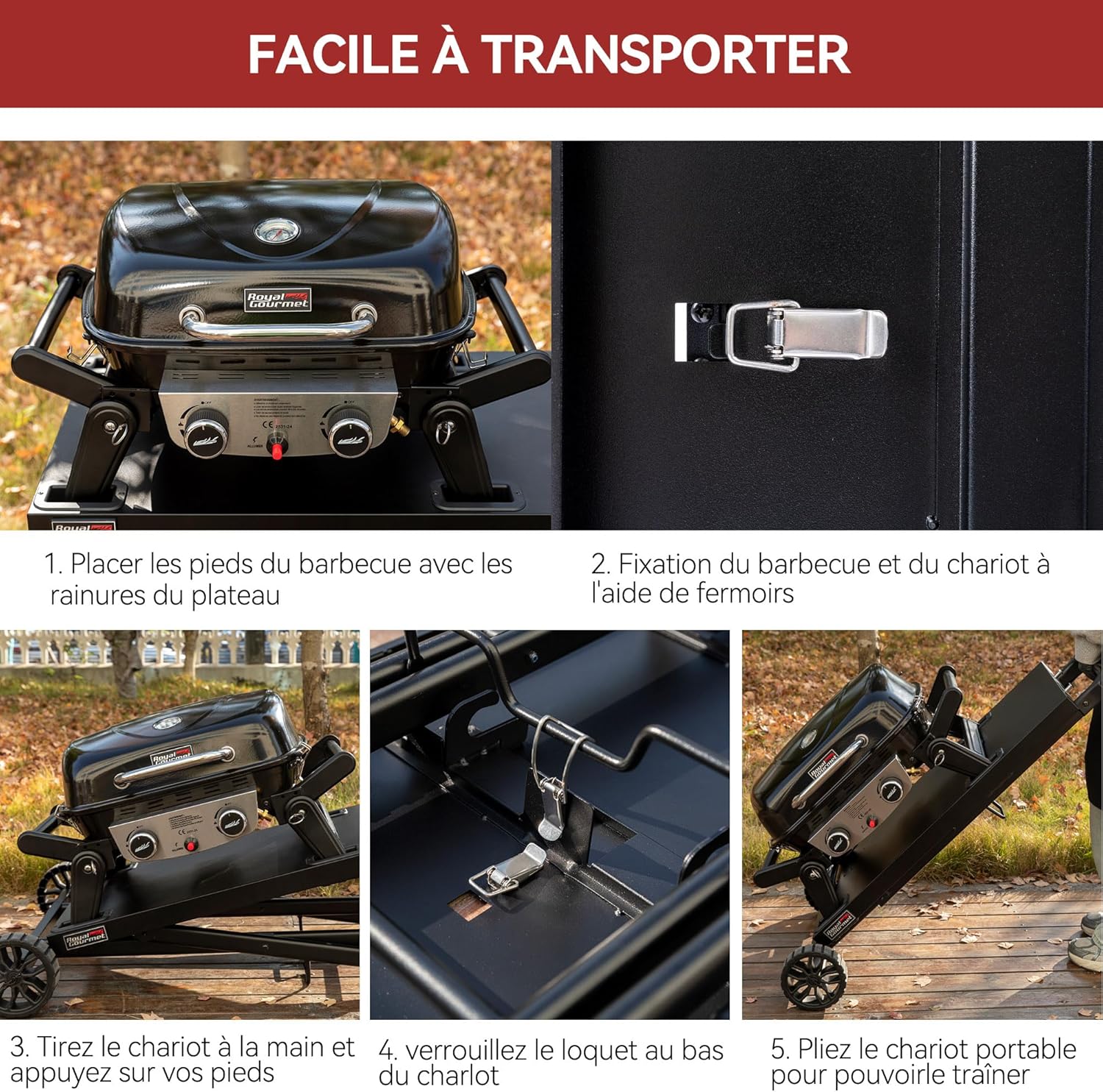 etevert - barbecue gaz portable - 48x37 cm - 2 brûleurs, tables pliantes, chariot détachable, 5kW